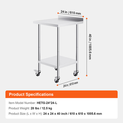 Werktafel – Werkbank – Werkblad – Werktafel met wielen – Roestvrij staal – 61x61x102 cm – 3 Verstelbare Legplanken – Zwenkwielen met Rem