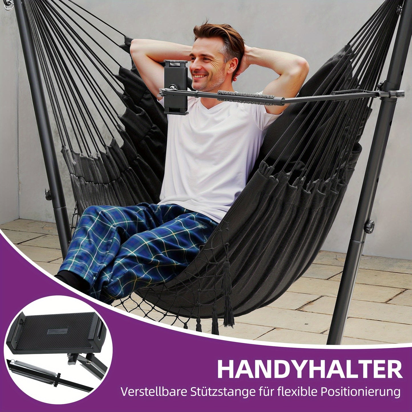 Schommelstoel Buiten – Hangstoel – Schommelstoel Balkon – Tuinstoel – Relaxstoel – Zwart – Robuust Stalen Frame – Verstelbare Telefoonhouder