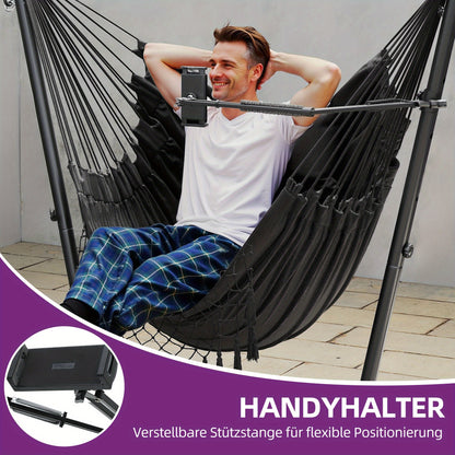 Schommelstoel Buiten – Hangstoel – Schommelstoel Balkon – Tuinstoel – Relaxstoel – Zwart – Robuust Stalen Frame – Verstelbare Telefoonhouder