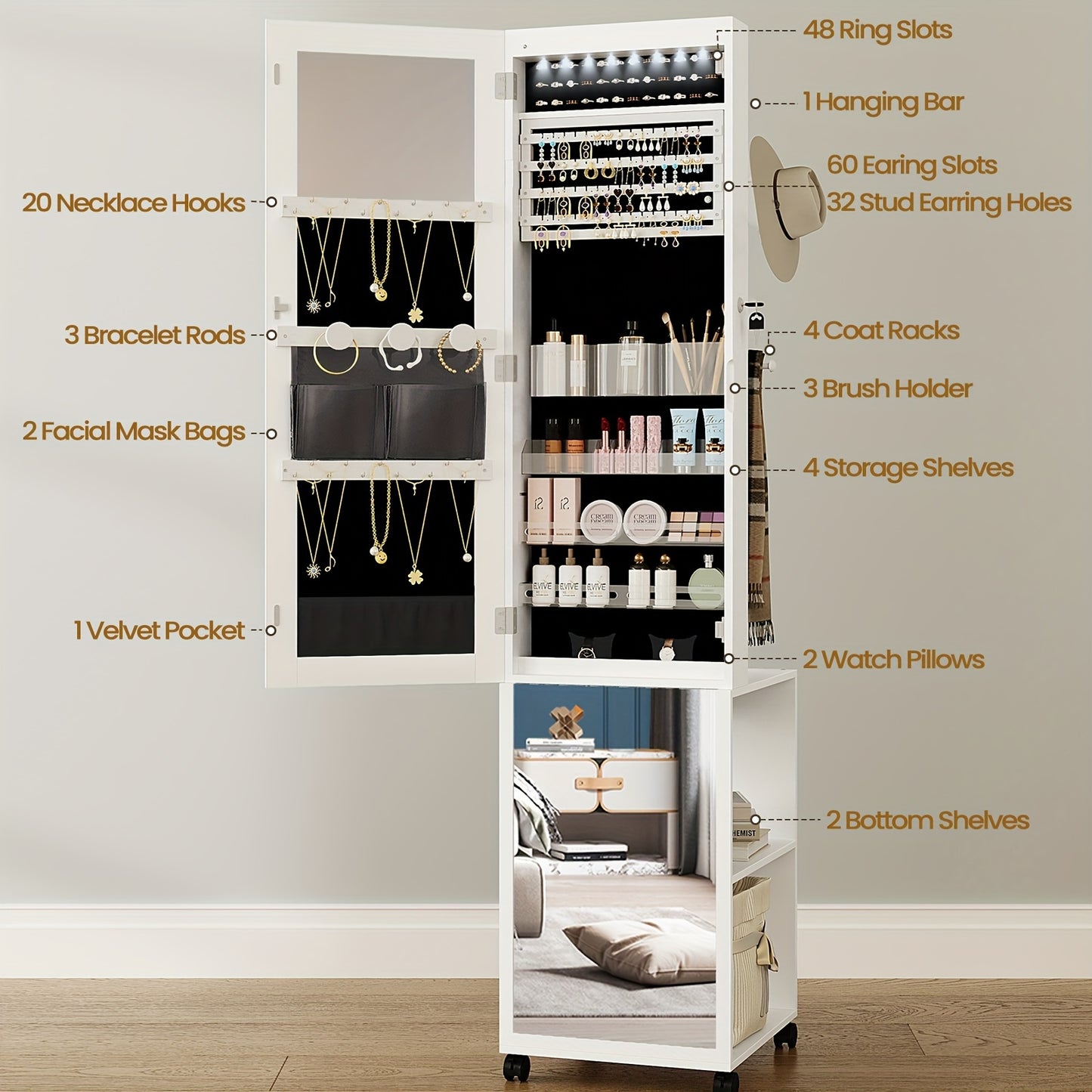 Jewelry Cabinet Wardrobe, 164.59 cm Jewelry Storage Box, with 1 Hanger, Lockable Full Body Mirror with 4 Wheels, Storage Rack with Hooks, White, Jewelry Armoires