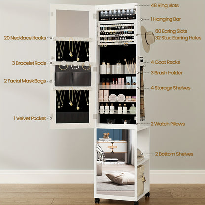 Jewelry Cabinet Wardrobe, 164.59 cm Jewelry Storage Box, with 1 Hanger, Lockable Full Body Mirror with 4 Wheels, Storage Rack with Hooks, White, Jewelry Armoires