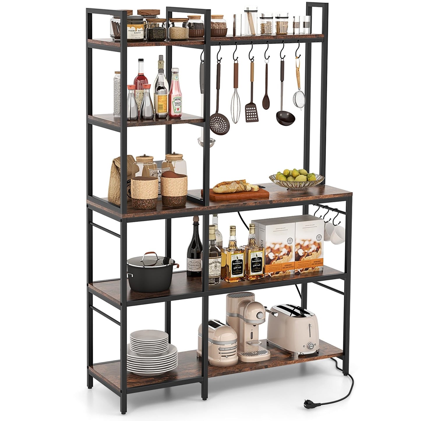 Keukenkast – Opbergkast – Rek – Plankenkast – Opbergmeubel – 5-laags Met Stopcontacten – Vintage Bruin Met Metalen Frame