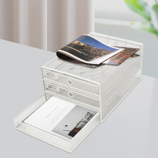 CNCEST Heavy-Duty Carbon Steel Desk Organizer with 3-Tier Mesh Drawers - No Assembly Needed, Large Open Top, Sturdy Construction for Home Office, Workspace - Ideal Gift for Professionals (White), Desk Accessories Office, Docu