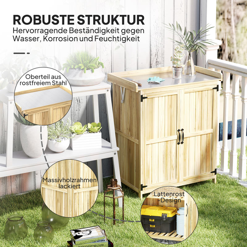 Tuinkast – Tuinkist – Tuinberging – Gereedschapskast – Opbergkast – Hout Met Roestvrijstalen Werkblad – Dubbele Deuren