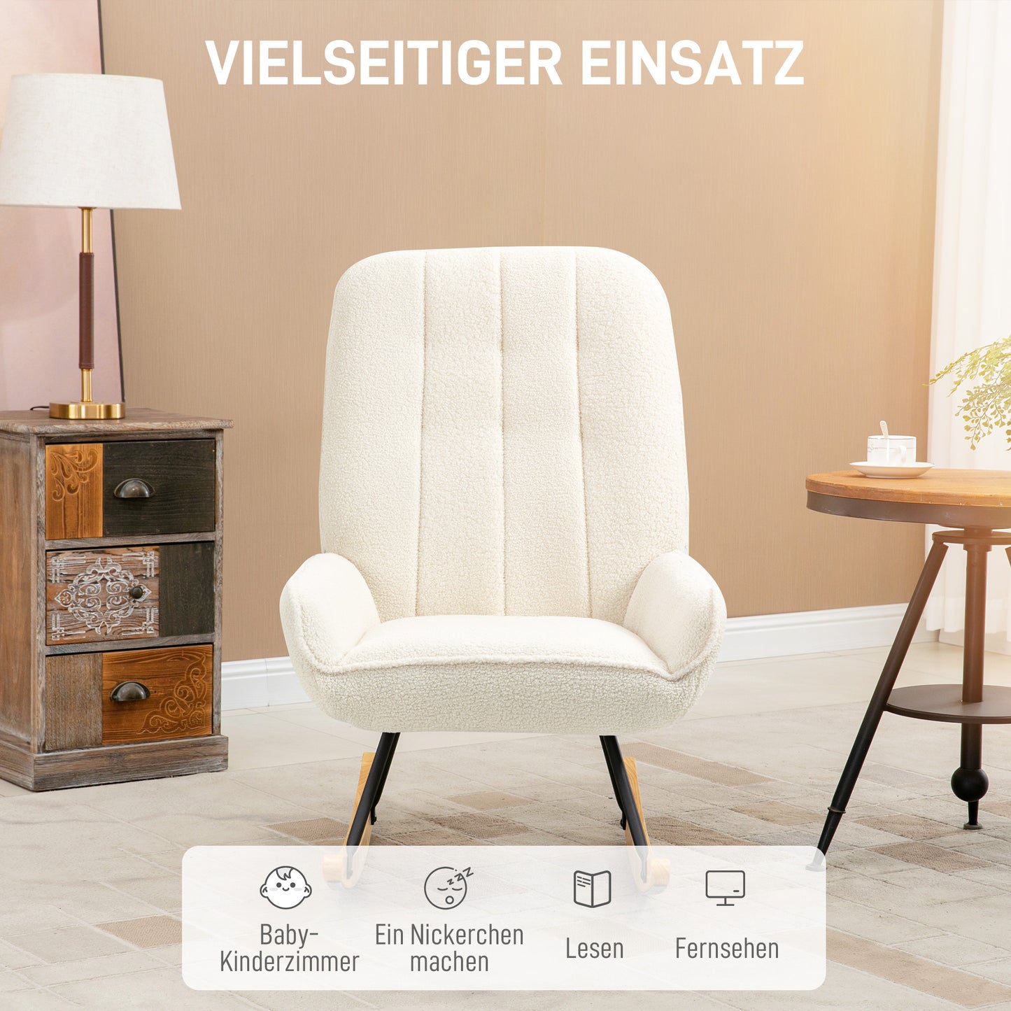 Schommelstoel – Wipstoel – Relaxstoel – Lounge Stoel – Zitstoel – Sherpa Fleece Bekleed – 63x95x97 cm Crèmekleurig – Zonder Elektriciteit