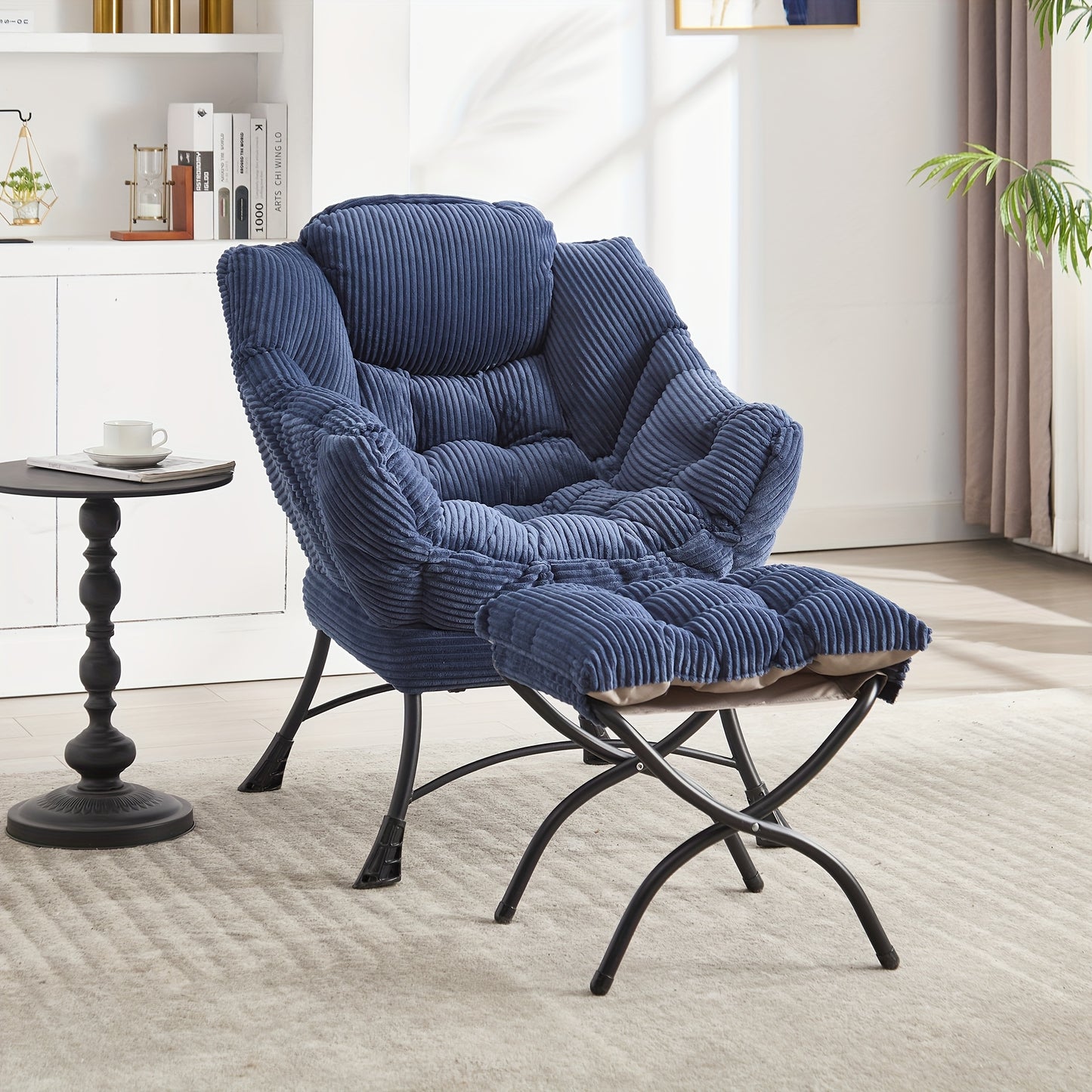 Lounge Chair – Relaxstoel – Fauteuil – Leunstoel – Hoekstoel – Navy Blauw – Met Voetenbank – Stevig Metalen Frame
