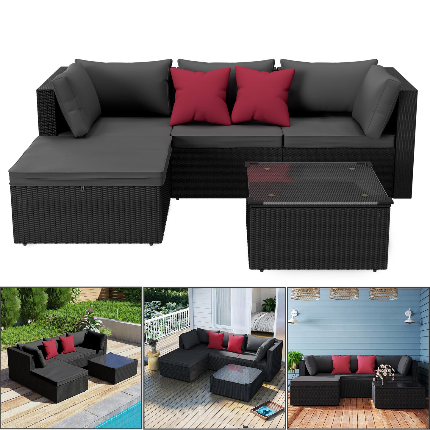 Loungeset Tuin – Loungeset Balkon – Tuinmeubelen – Loungehoek – Tuinbank – Weerbestendig Polyrattan – Comfortabele Kussens – 5-Delige Set Zwart