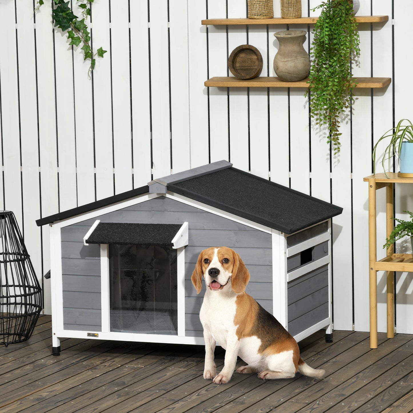 Hondenhok – Hondenhuis – Hondenbungalow – Hondenverblijf – Hondenhok Buiten – Massief Hout – Weerbestendig Met Asfalt Dak – Verwijderbare Vloer – 109x79x72 cm – Zwart Grijs Wit