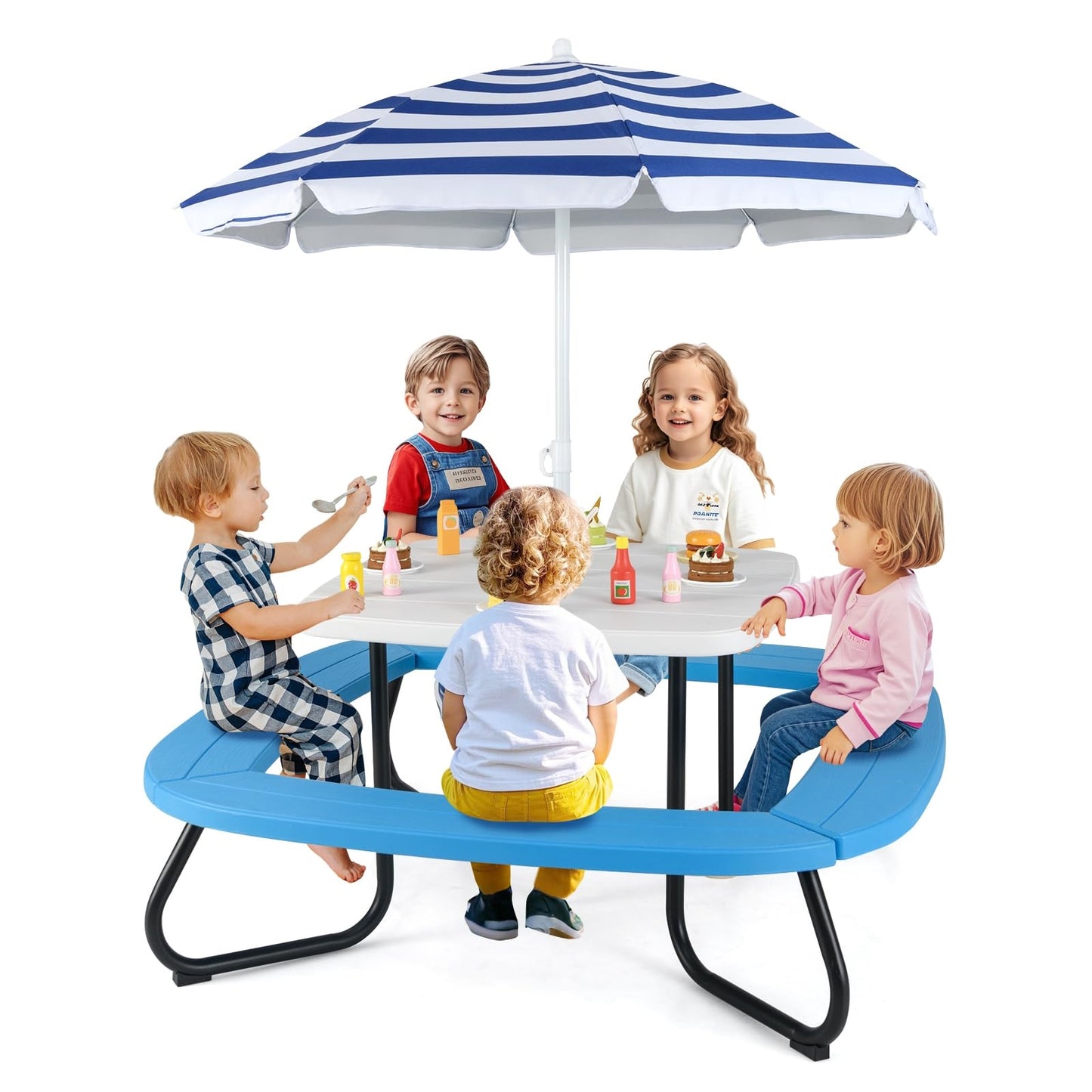 Kinderpicknicktafel – Kindertafel – Buitentafel – Speeltafel – Kindertuinmeubel – Voor 8 Kinderen – Weerbestendig HDPE – Verstelbaar Zonnescherm Blauw