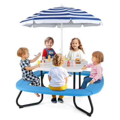 Kinderpicknicktafel – Kindertafel – Buitentafel – Speeltafel – Kindertuinmeubel – Voor 8 Kinderen – Weerbestendig HDPE – Verstelbaar Zonnescherm Blauw