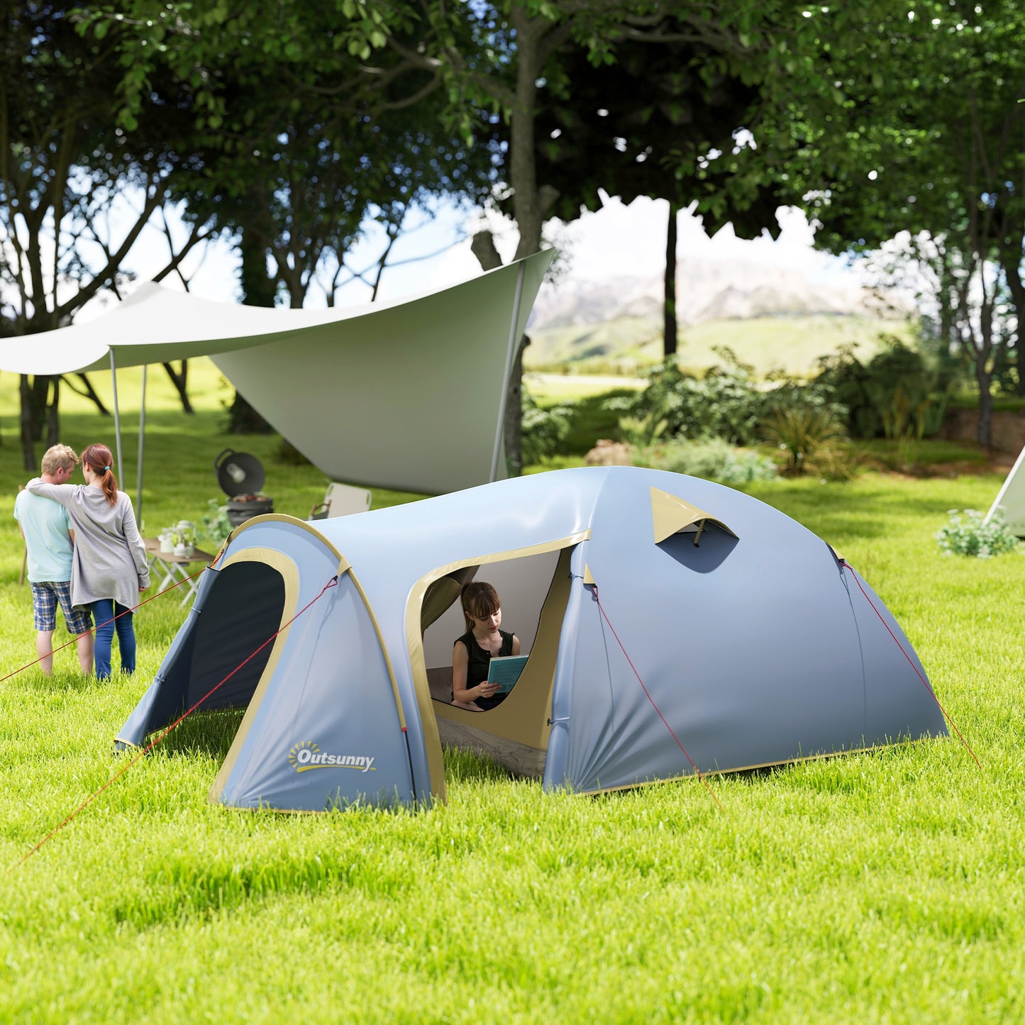4-Persoons Tent – Kampeertent – Tunnel Tent – Buitentent – Waterdichte Tent – Lichtblauw – Ruim 3.45x2.4x1.3 m – Waterafstotend met Dubbele Deuren