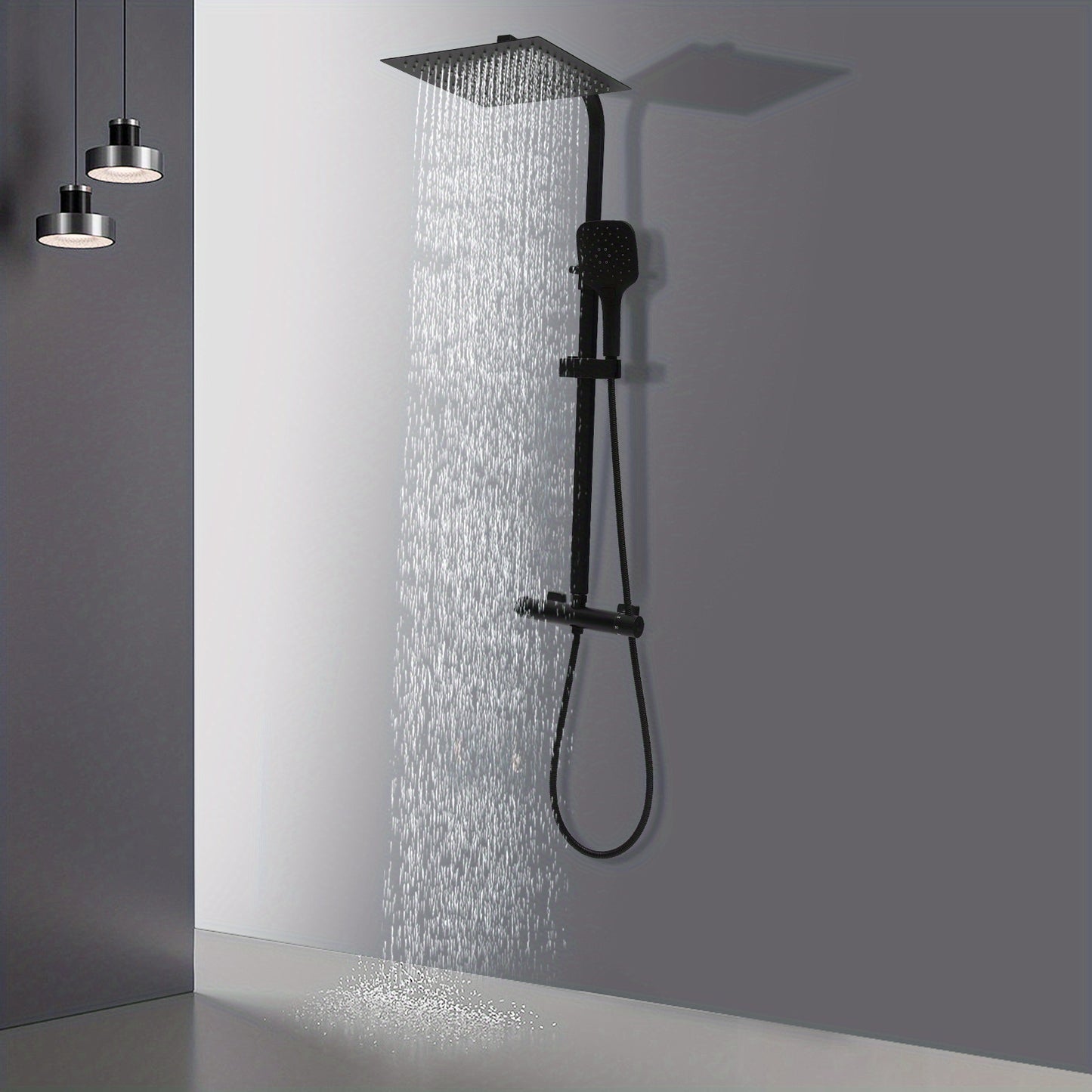 TOOL1SHOOO Black Shower System 3-Mode Handheld Shower Head 360° Rotatable Overhead Shower Head Thermostatic Control Adjustable Track Height Spring Hose 149.35 cm Modern Bathroom