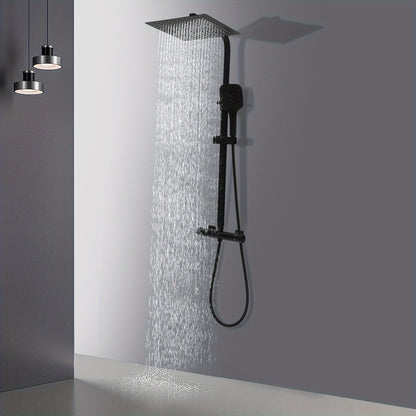 TOOL1SHOOO Black Shower System 3-Mode Handheld Shower Head 360° Rotatable Overhead Shower Head Thermostatic Control Adjustable Track Height Spring Hose 149.35 cm Modern Bathroom