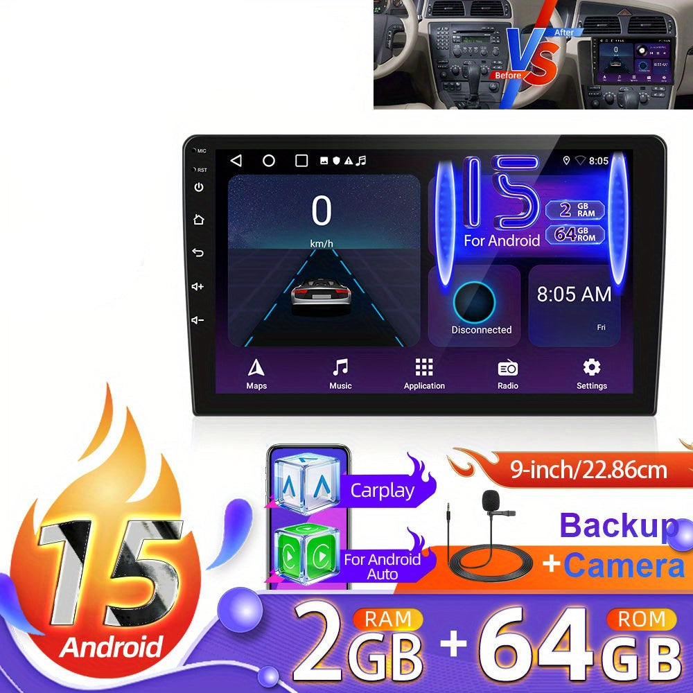 9” Android 15 Car Stereo – Auto Radio – Multimedia Systeem – Navigatie – Touchscreen – Met AHD Achteruitrijcamera en Draadloze CarPlay & Android Auto – 2GB RAM 64GB Opslag