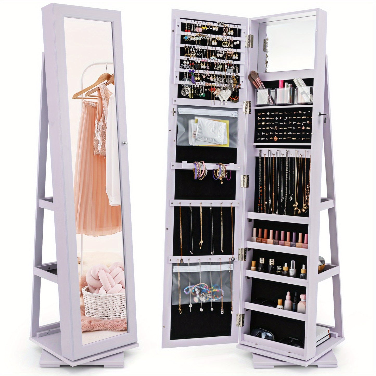 Sieradencabinet – Sieradenkast – Sieradenrek – Jewelry Organizer – Opbergkast – 360° Draaibaar Design – Volledige Lengte Spiegel – Paars Kunsthout – Met Slot