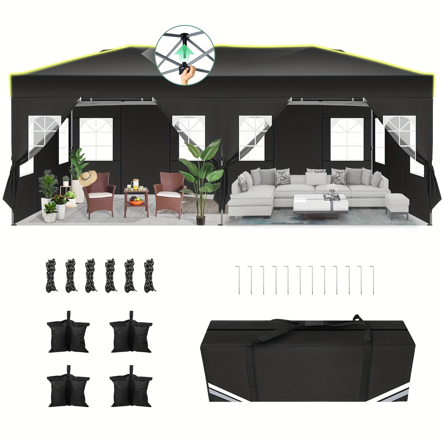 Partytent – Tuinent – Paviljoen – Opvouwbare Tent – Schaduwdoek – 3x6m – Met 6 Afneembare Zijpanelen – Inclusief Draagtas en Zandzakken - Zwart