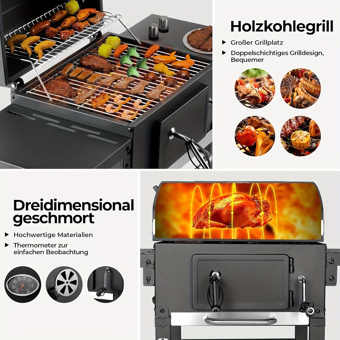 Houtskoolbarbecue – BBQ Grill – Smoker – Buitenbarbecue – Tuinbarbecue – Dubbel Grilloppervlak – Ingebouwde Thermometer – Verstelbare Houtskoolbak – Wielen Met Rem – Robuuste Metalen Constructie