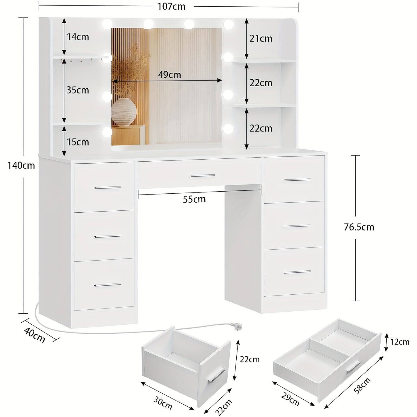 Vanity Dressing Table – Make-up Tafel – Dressing Table Met Spiegel – Make-up Spiegel – Dressing Table – Wit – Grote LED Spiegel – 7 Lades Met Stopcontact