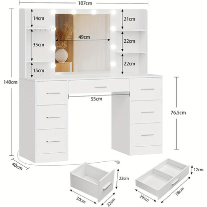 Vanity Dressing Table – Make-up Tafel – Dressing Table Met Spiegel – Make-up Spiegel – Dressing Table – Wit – Grote LED Spiegel – 7 Lades Met Stopcontact