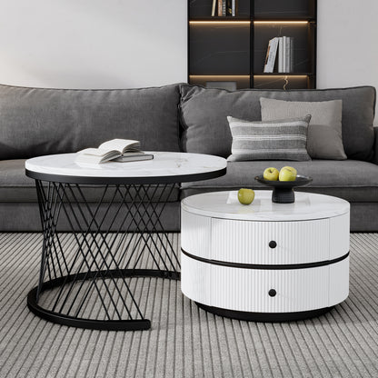 Salontafel – Koffietafel – Bijzettafel – Nesting Tafel – Opbergtafel – Nestbare Set Met Twee Lades – Metalen Frame – Rond Tafelblad – Moderne Design – Ruimtebesparend