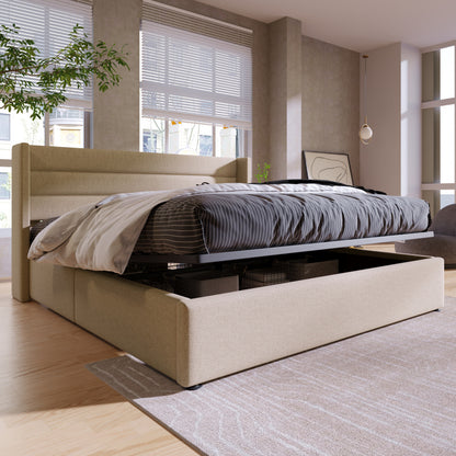 140x200cm Upholstered Hydraulic Storage Bed with Slatted Frame - Modern Retro Double Bed with Metal Frame & Beige Linen Fabric, Space-Saving Design, 181.44KG Weight Capacity, Easy-Clean Surface, No Box Spring Needed, Assembly