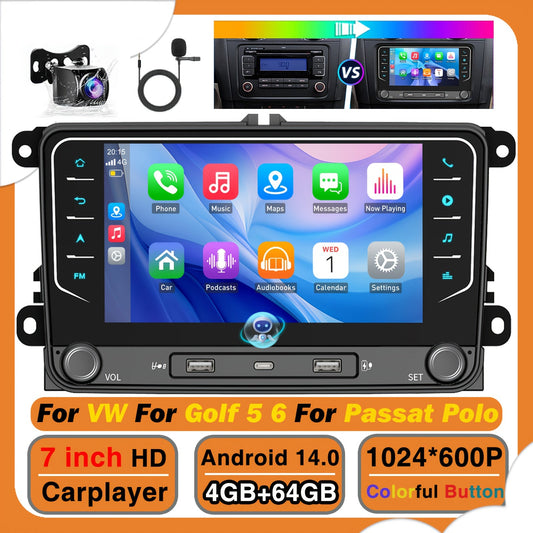 Autoradio – Car Stereo – Multimedia Speler – GPS Navigatie – Auto Radio – 7 Inch IPS Touchscreen – Android 14.0 – Draadloos CarPlay & Android Auto – Inclusief AHD Achteruitrijcamera & Microfoon