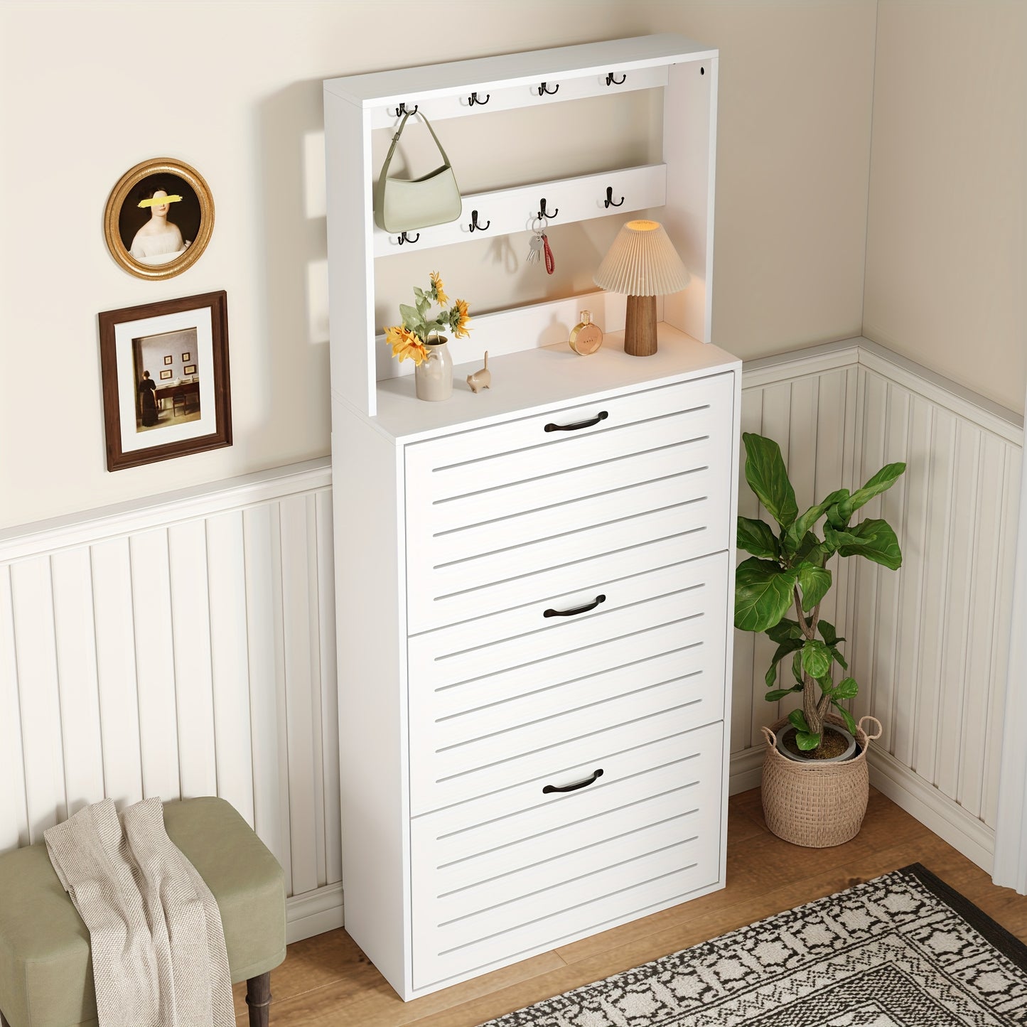 Haltafel – Sidetable – Wandtafel – Bijzettafel – Opbergkast – Wit – Verticale Ruimtebesparende Opberger – 3 Flipdeuren Met 8 Haken – 3,2+ Kubieke Voet Opbergruimte