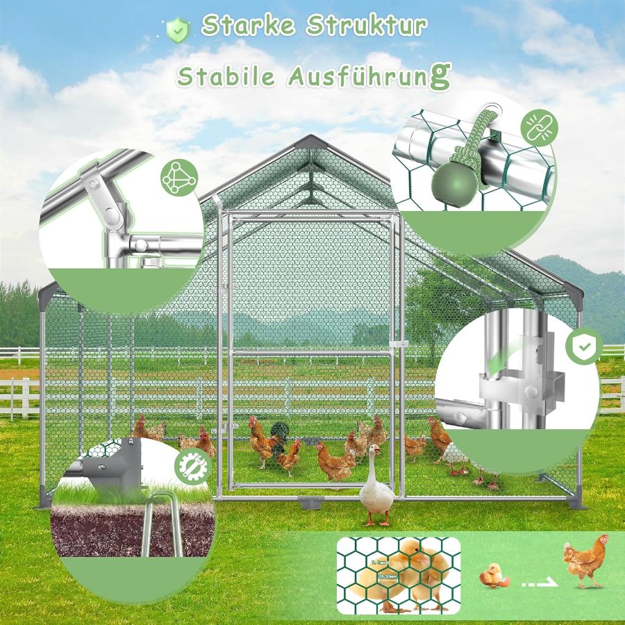 Kippenhok – Kippenren – Pluimveehok – Kippenkooi – Dierenverblijf – Gegalvaniseerd Stalen Frame – UV-bestendig PE Dak – 3 x 8 x 2 Meter