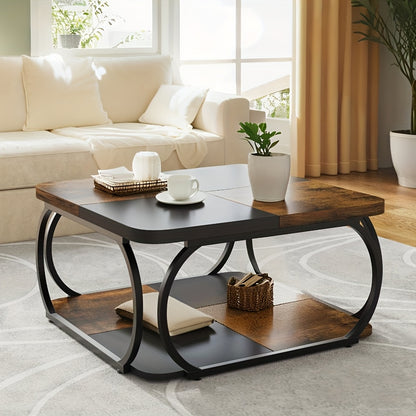 Salontafel – Koffietafel – Woonkamertafel – Bijzettafel – Salon tafel – Vierkant – Dubbele Opberglagen – Metaal & Hout – 101,6 cm – Industrieel Design