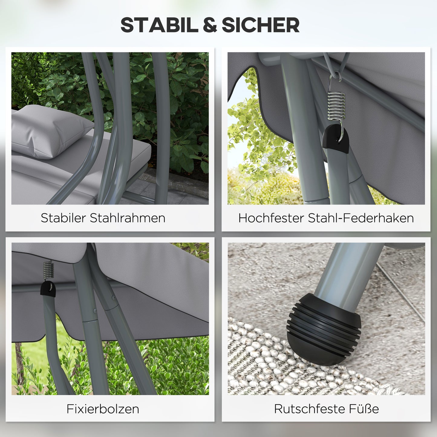 2-In-1 Hollywood Schommelstoel – Tuinbank – Schommelbank – Ligstoel – Buitenstoel – Lichtgrijs – Gepoedercoat Staal – Verstelbaar Dak En Rugleuning
