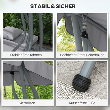 2-In-1 Hollywood Schommelstoel – Tuinbank – Schommelbank – Ligstoel – Buitenstoel – Lichtgrijs – Gepoedercoat Staal – Verstelbaar Dak En Rugleuning