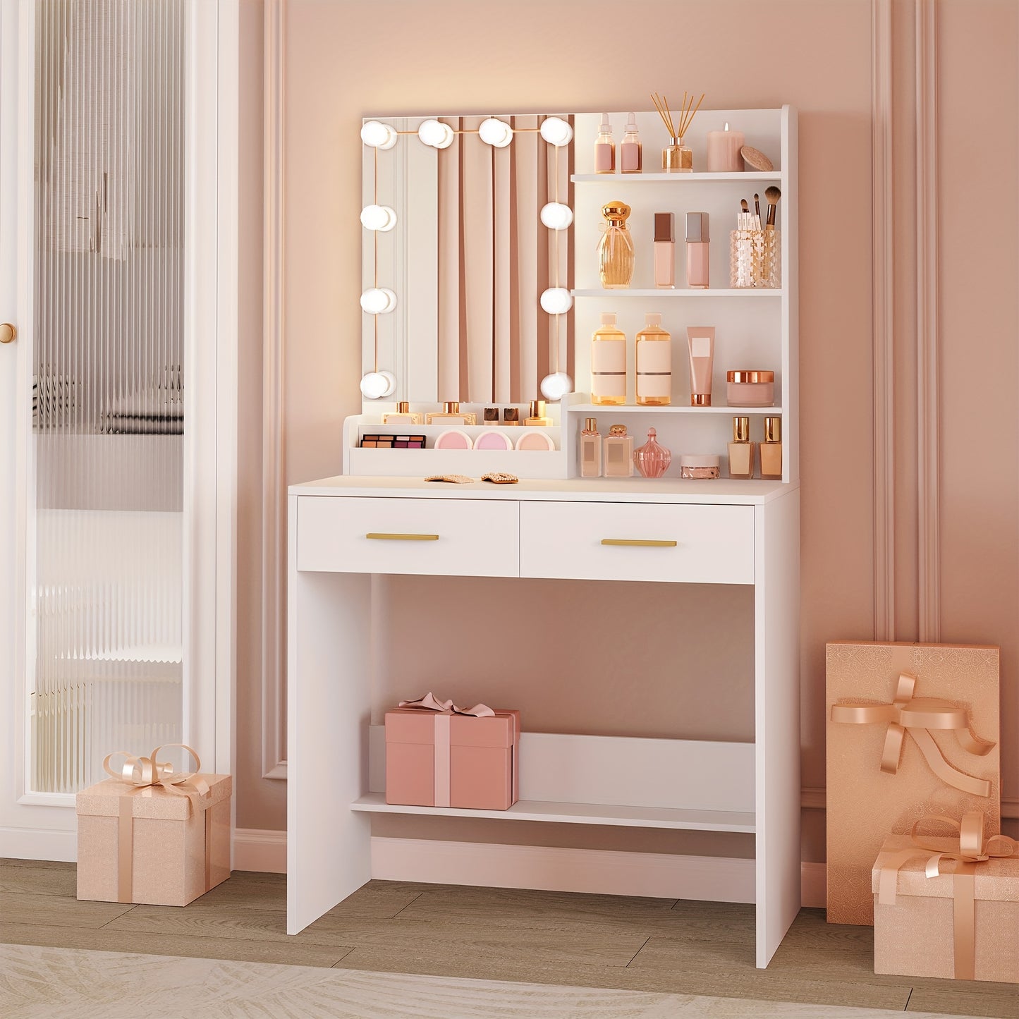 Dressing Table With Mirror And 10 LED Lights, Dressing Table With 3 Shelves & 4 Open Compartments, Dressing Table With Large Drawer & Cabinet, 3 Adjustable Lighting Brightness, White