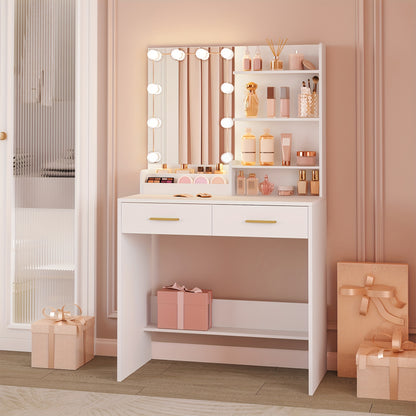 Dressing Table With Mirror And 10 LED Lights, Dressing Table With 3 Shelves & 4 Open Compartments, Dressing Table With Large Drawer & Cabinet, 3 Adjustable Lighting Brightness, White