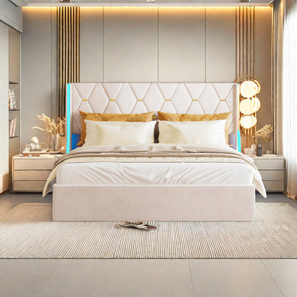 Gestoffeerd Tweepersoonsbed – Bedframe – Slaapbed – Opbergbed – Veloursbed – 160x200 cm – Met LED-Verlichting – Met Dubbele Opbergruimte