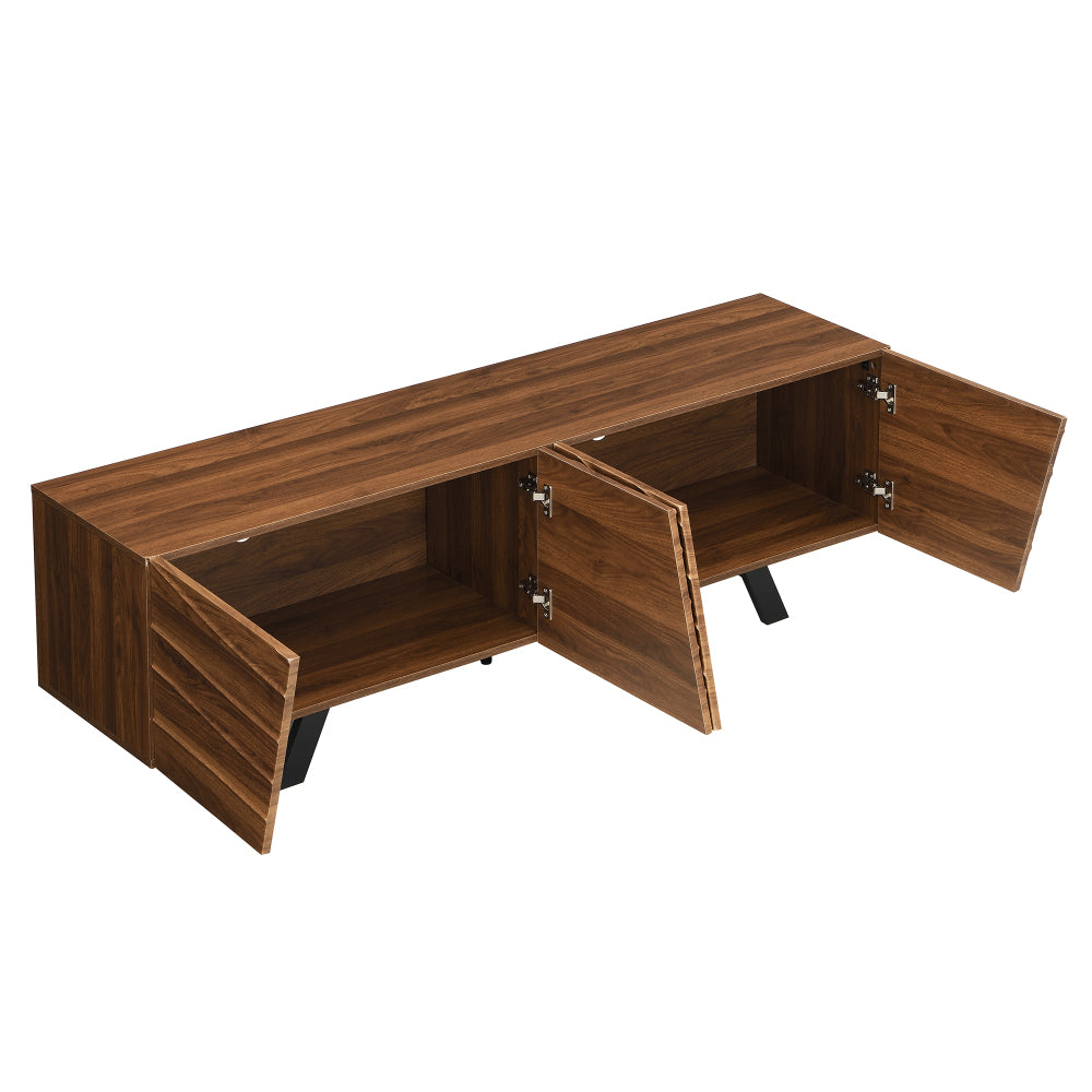 Modern Wave-Front TV Stand with Walnut-Grain Cabinet & Black Wrought-Iron Legs - Metal Entertainment Center with Cable Management, Shelving & Ample Storage Suitable for, Entryway (160×39×50.5cm)