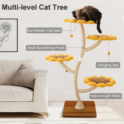 141.99cm Tall Sunflower Cat Tower for Large Cats - Sturdy Alloy Multi-Level Cat Tree with 4 Plush Flower Perches, Sisal Scratching Posts & Hanging - Modern Indoor Activity Center for Play & Relaxation, Cute Cat Tree, Feline A