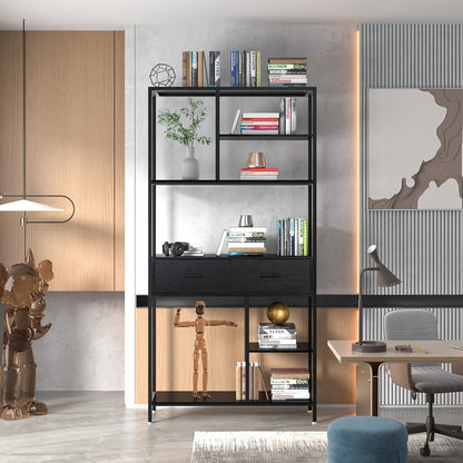 Boekenplank – Boekenrek – Wandplank – Boekenkast – Wandrek – Industrieel Metalen Frame – 5 Laags Met Laden – Staand – Zwart