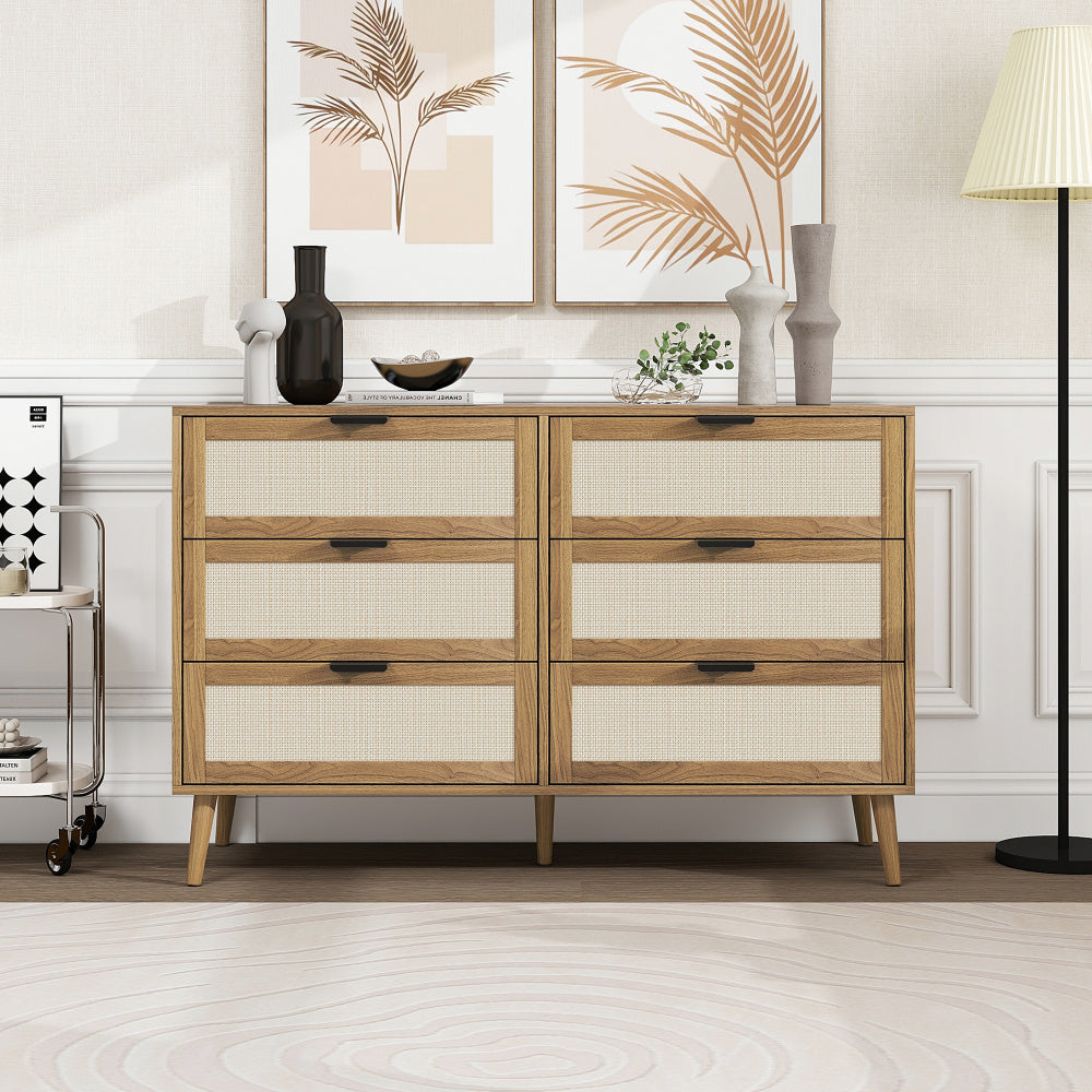 Ladekast – Ladenkast – Commode – Opbergkast – Dressoir – Walnootkleur – Rattan Ladefronten – 6 Lades – Stevige Dennenhouten Poten – 118,5 cm Breed
