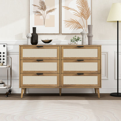 Ladekast – Ladenkast – Commode – Opbergkast – Dressoir – Walnootkleur – Rattan Ladefronten – 6 Lades – Stevige Dennenhouten Poten – 118,5 cm Breed