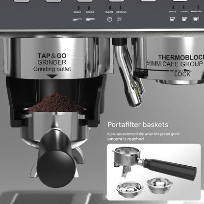 Espressomachine – Koffiemachine – Barista Machine – Koffiezetapparaat – Espresso Maker – 20 Bar Druk – 2800 W Vermogen – Ingebouwde Koffiemolen – Dubbel Verwarmingselement – RVS 2,7 L Waterreservoir