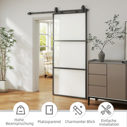 Schuifdeur – Schuifdeursysteem – Binnendeur – Kastenpaneel – Ruimtescheider – Matglas Privacy – Soft-Close Mechanisme – Stalen Zwart Frame – Eenvoudige Montage – Ruimtebesparend Design