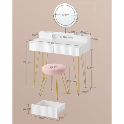 Make-uptafel – Kaptafel – Make-up Bureau – Schoonheidstafel – Cosmetische Tafel – Mat Off-white Goud – Verlichte Spiegel – Comfortabele Kruk
