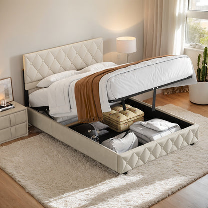 Opbergbed – Tweepersoonsbed – Gestoffeerd Bed – Boxspring – Bed met Opbergruimte – Hydraulisch Liftmechanisme – Luxe Velours Bekleding – 180x200 cm – Lichtgrijs Beige
