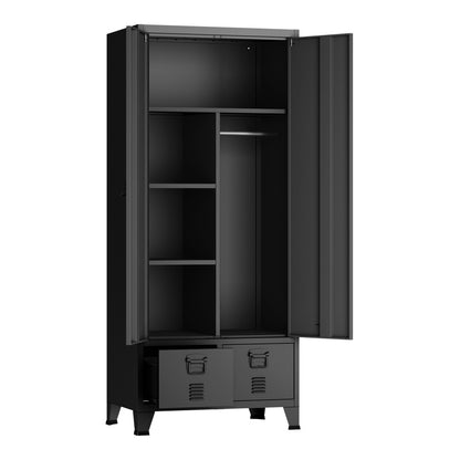 Stalen Kledingkast – Garderobekast – Kledingkast Met Laden – Opbergkast – Industrieel – 180x90x40 cm – 2 Laden – Ventilatiesleuven