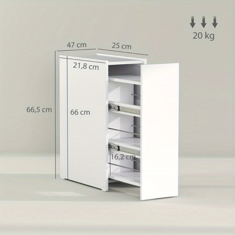 Smalle Opbergkast – Smalle Kast – Opbergsysteem – Badkamerkast – Organizer – Wit – Met Wieltjes – 3 Diepe Vakken & Lade – Metaal – Compact 47x25x66,5 cm