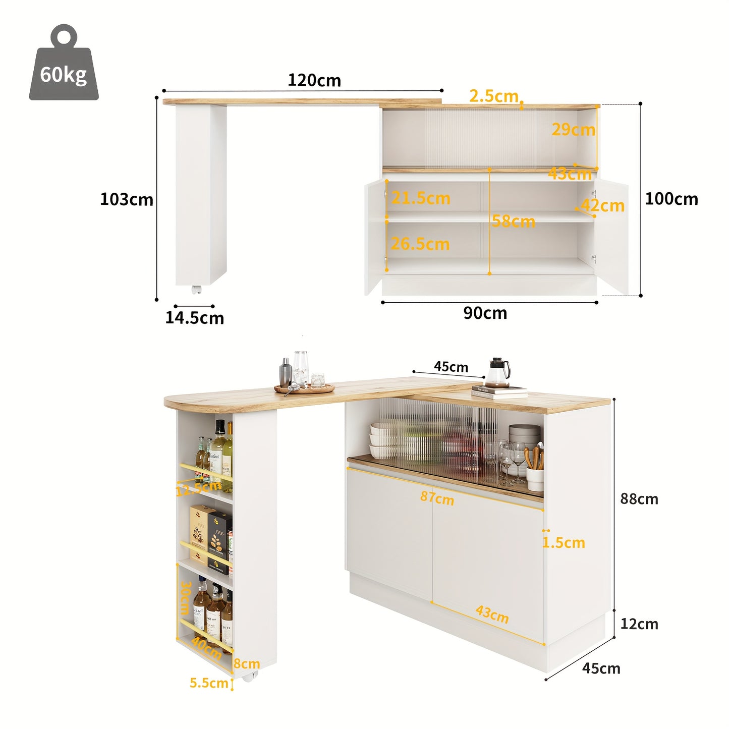 Keukeneiland – Keukentrolley – Serveerwagen – Buffetkast – Eetbar – Wit Metaal – 360° Draaibaar – Ruimtebesparend 90x45x100 cm