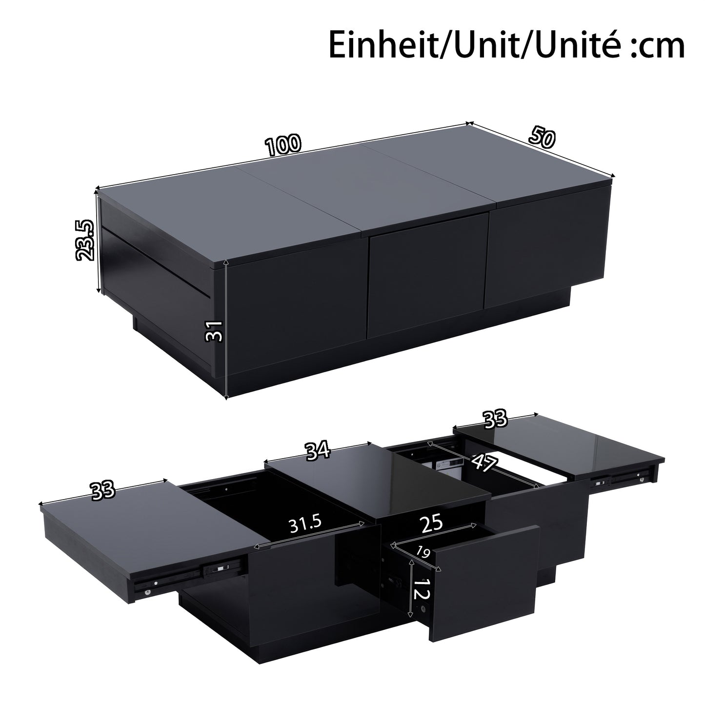 Salontafel – Woonkamermeubel – Sofa Tafel – Koffietafel – Tafel Met Opbergruimte – Zwart Met Hoogglans – Schuifsysteem Met Verborgen Vakken – 100x50x31 cm