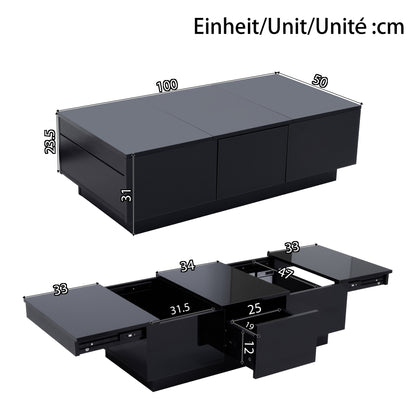 Salontafel – Woonkamermeubel – Sofa Tafel – Koffietafel – Tafel Met Opbergruimte – Zwart Met Hoogglans – Schuifsysteem Met Verborgen Vakken – 100x50x31 cm