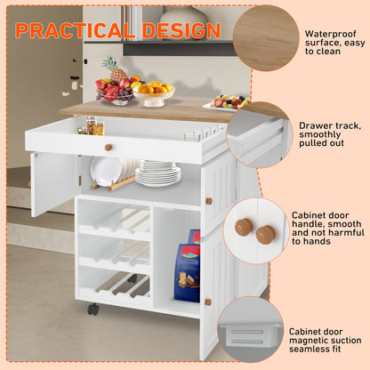 Keukenwagen – Mobiele Keukentrolley – Keukenwagen op Wieltjes – Keukenkastje – Keukenkar – Wit – Compact 68x39x85 cm – Met Werkblad en Remmen