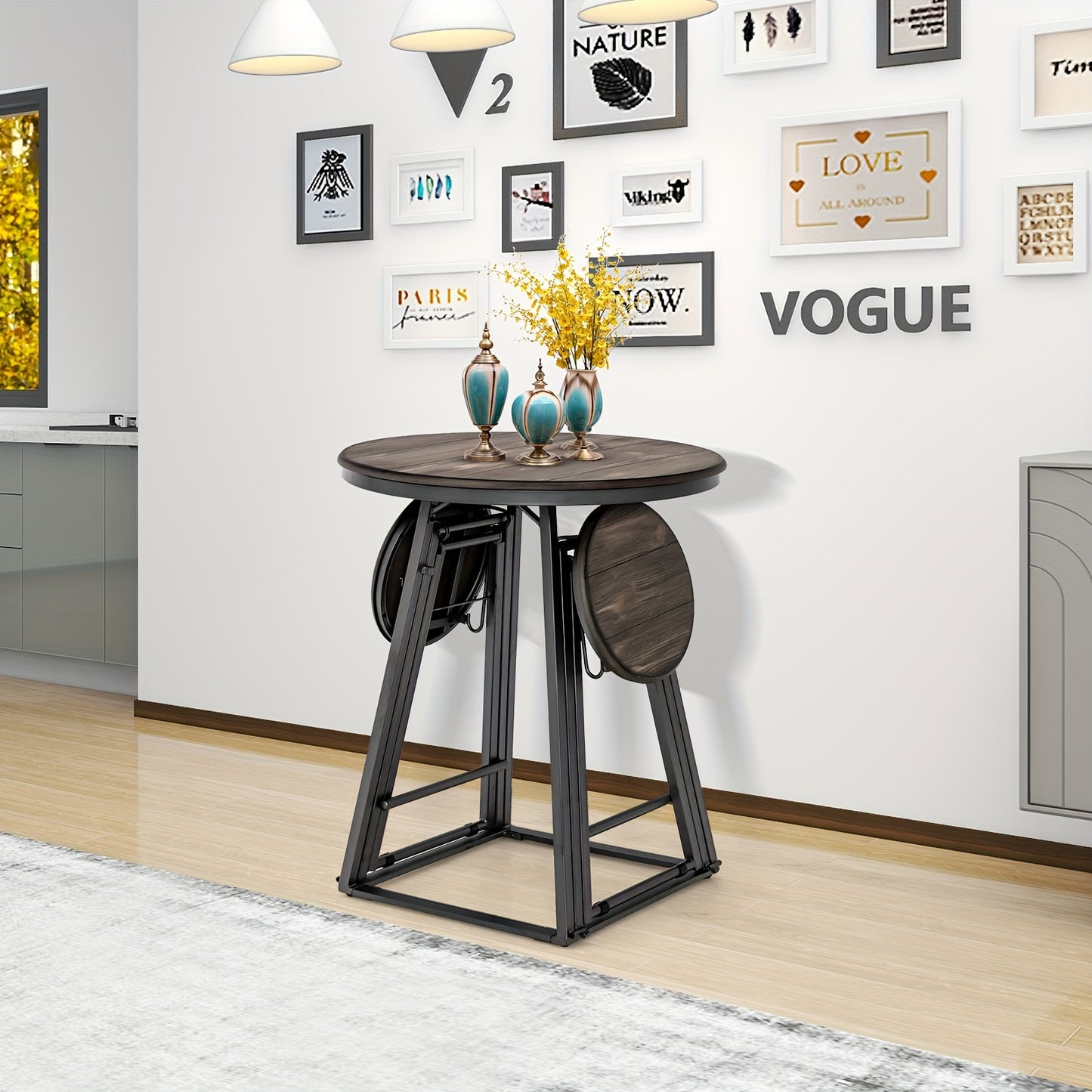Industriële Eettafelset – Ronde Eettafel – Inklapbare Krukken – Compacte Tafel – Moderne Zitset – Space-Saving Design – Heavy-Duty Metalen Frame – MDF Tafelblad